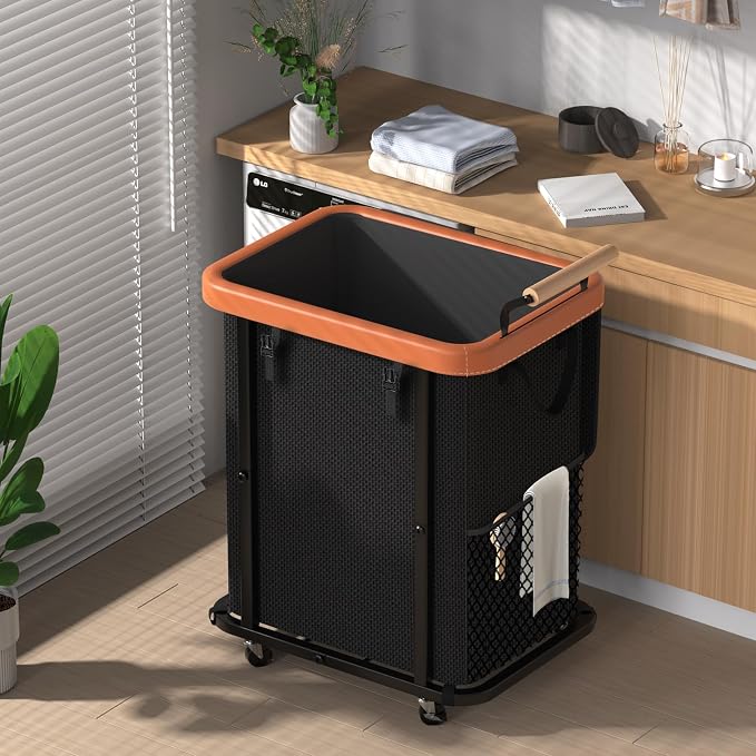Laundry Hamper with Lid,Leather Patchwork Laundry Basket with Wheels 40Gal | Rolling Laundry Basket with Bag & Handles,Laundry Basket Organizer for Laundry Room,and Bathroom,Laundry Room - Black