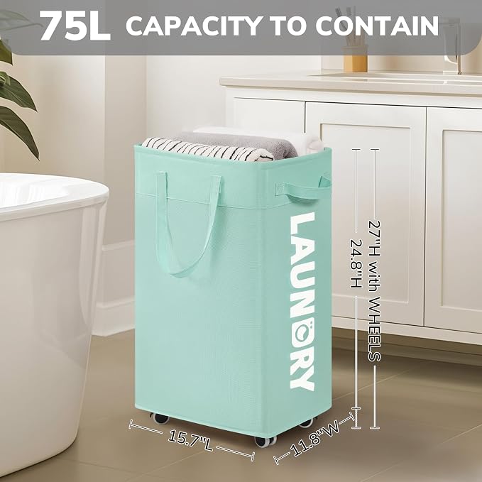 Goodpick 75L Rolling Laundry Basket with Removable Wash Bag for Living Room | Laundry Basket with Wheels, Collapsible Laundry Basket, Rolling Laundry Hamper with Handle for College Dorm,Blue