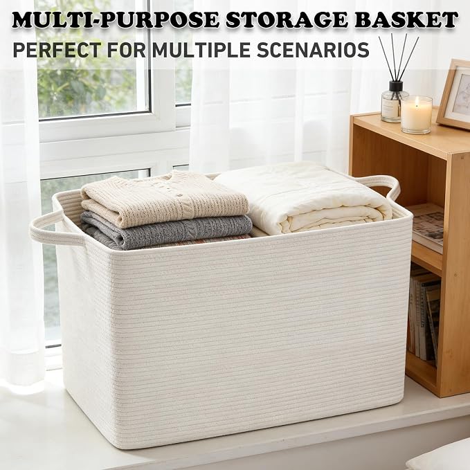65L Large Laundry Basket with Handles,Woven Blanket Basket,White | 21"×16"×12" Collapsible Cotton Rope Storage Basket for Toys Clothes & Pillows, Nursery, Bathroom, Bedroom, Living Room