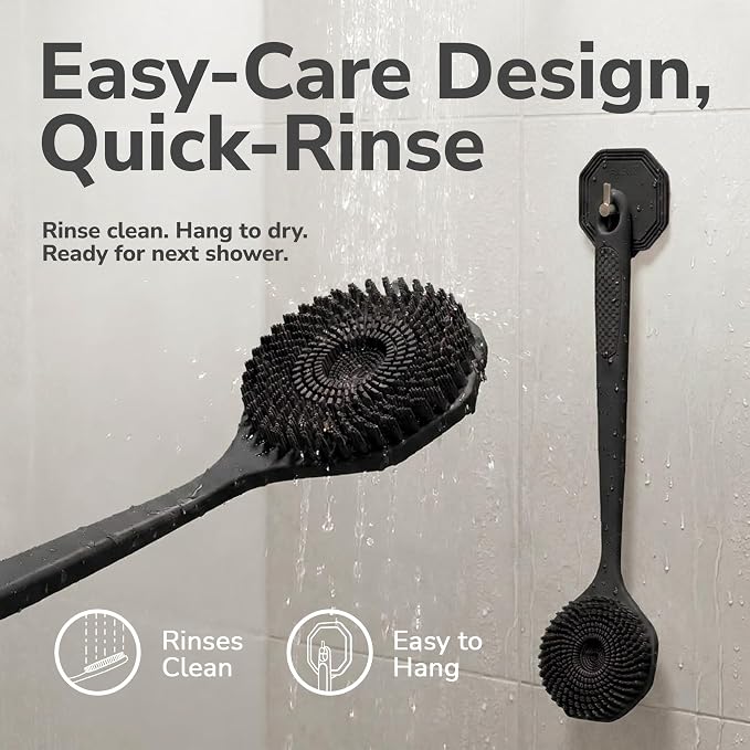 SILKLE Silicone Back Scrubber for Shower - Back Scrubber with Long Handle, Shower Back Scrubber & Body Scrubber with Handle, Exfoliating Back Scrubber, Back Brush for Shower with Textured Grip - Black