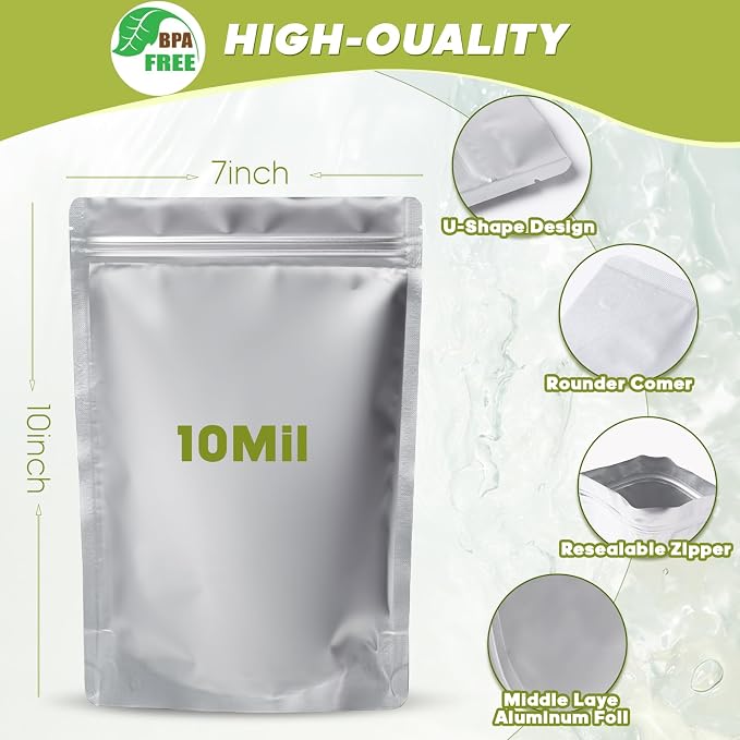 60pcs 1 Quart Mylar Bags for Food Storage with Oxygen Absorbers and Labels | 7x10 Inch Zipper Pouches Resealable Extra Thick 10 Mil for Long Term Food Container Sets,Heat Sealable