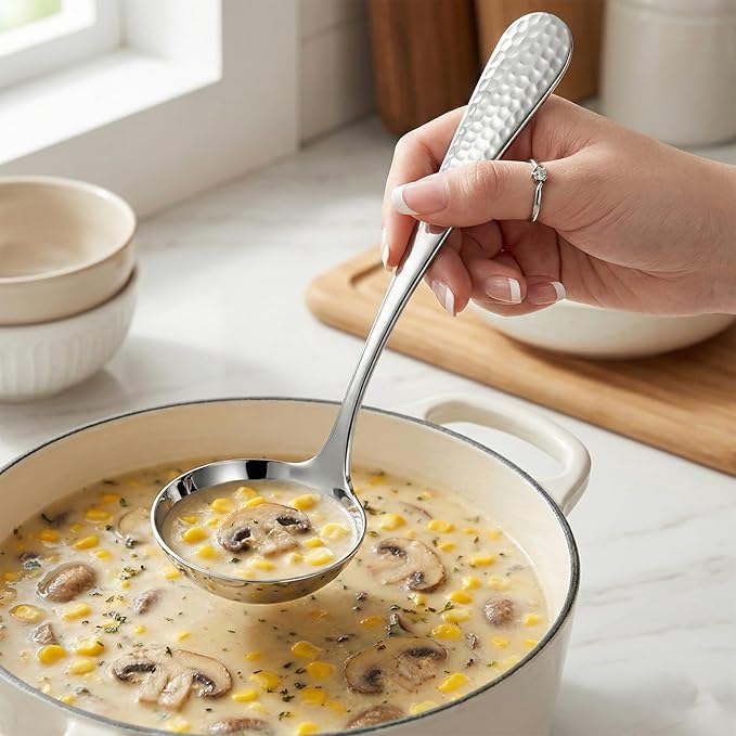7.09 Inch Small Ladle Premium Stainless Steel Hammered Gravy Ladle Rustproof Kitchen Utensil for Serving Soup Sauces Gravies Chili Stew and More Elegance Functionality (Silver)