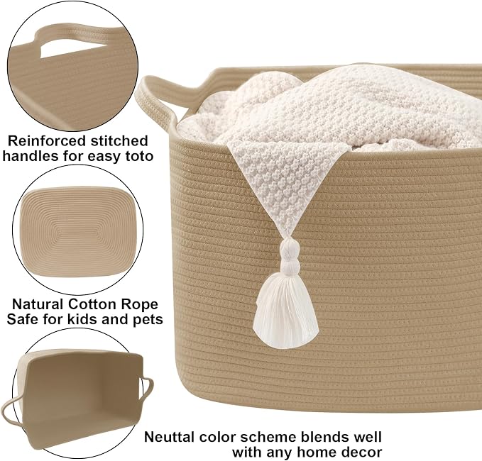 96L Woven Laundry Basket with Handles, Extra Blanket Basket,Jute | 24"×16"×15" Collapsible Cotton Rope Storage Basket for Toys Clothes & Pillows, Nursery, Bathroom, Bedroom, Living Room