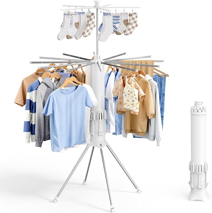Sakugi Foldable Clothes Drying Rack with 12 Steel Arms, Clips & Shoe Holder | Laundry Room, Bedroom, Outdoor & Indoor Use, Collapsible, Reinforced Frame, 4 Leg Stable Base, White, 44"D x 44"W x 71"H