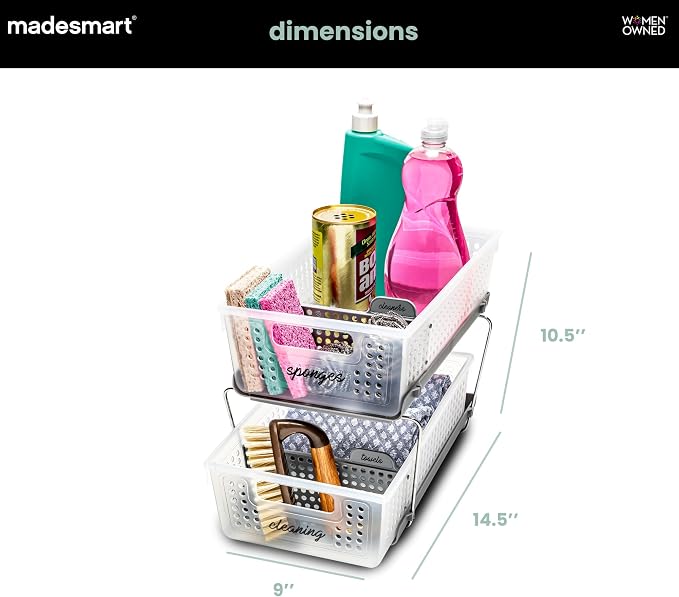 madesmart 2 Tier Organizer, Under Cabinet Storage with Pull Out Sliding Drawers, for Cleaning Supplies, Pantry, Undersink, Sponges, Bottles & Bath, Adjustable Dividers & Pull Out Baskets, Frost