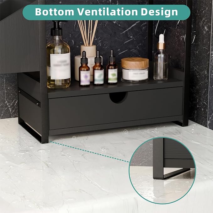 Kottwca 2-Tier Bathroom Counter Organizer with Drawer, Basket & Hooks, Wooden Vanity Shelf for Skincare, Perfume & Makeup Storage(Black)
