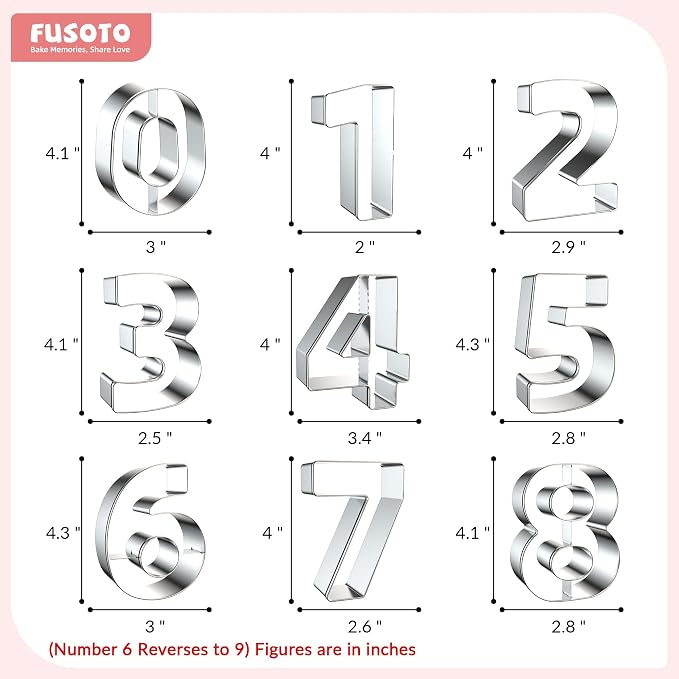 FUSOTO 9PCS Number Cookie Cutters Set, Birthday Numbers 0-8(6 Reverses to 9), 4 Inches Stainless Steel Cookie Cutters for Baking, Number Shaped Baking Tool for Homemaking Biscuit, Cookie, Dough