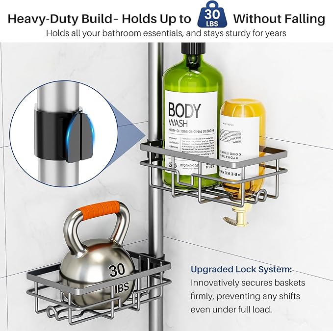 Corner Shower Caddy Organizer Tension Pole, Adjustable 6 Shower Shelves Corner Shelf 30-120Inch Rustproof Shower Rack for Inside Shower, Extra Towel Bar Soap Dish Bathroom Organizers and Storage Gray