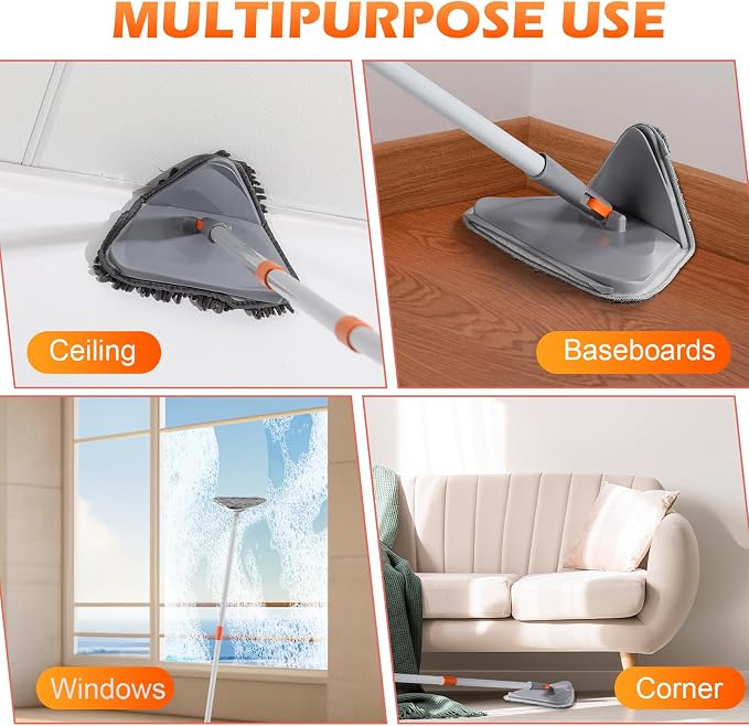 Wall Cleaner Triangle Mop with 82'' Long Handle - Wall Scrubber, Cleaning Washer Tool with 4 Microfiber Chenille Duster Pads for Clean Walls, Ceiling, Windows, Baseboards, Floors (Gray, 4 Pads)