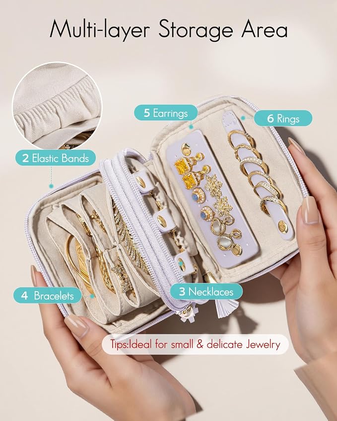 VLANDO 2-Layer Jewelry Organizer for Travel,Rings,Earrings,Necklaces | Compact Faux Leather Case with Layered Storage,Designed for Small Jewelry,Vanity Tables,Everyday Carry,Light Purple