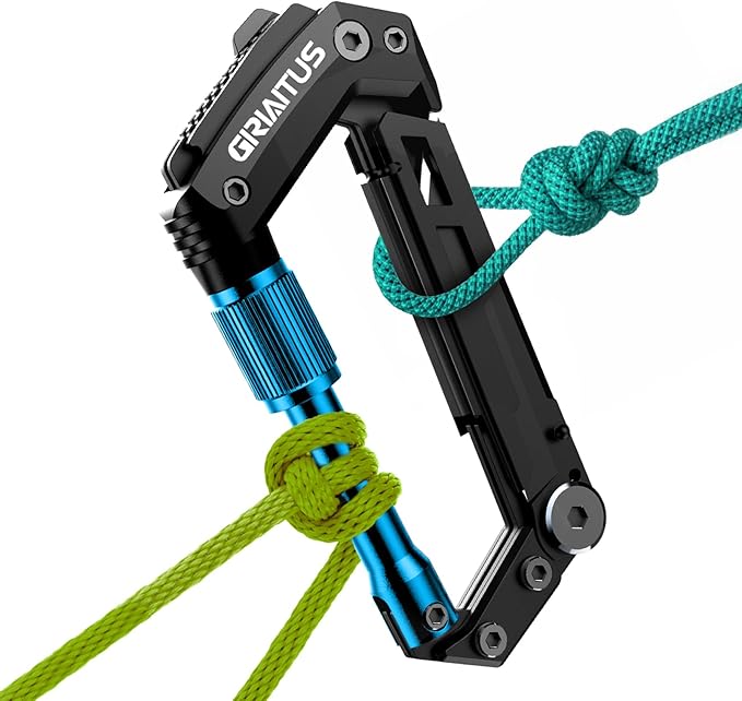 Carabiner Multitool with Pocket Knives, EDC Carabiners, for Camping (Blue) | Stocking Stuffers Gifts for Men, Serrated Knife, Rope Cutter, Screwdriver, Can Bottle Opener, Ruler, Folding Knife, Hiking