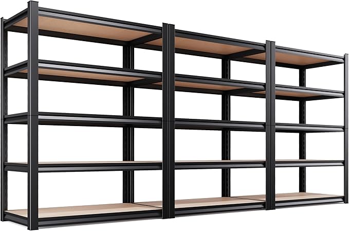3-Pack 71.2"H Storage Shelves, 5 Tier Adjustable Wood Garage Shelving, Utility Tall Metal Shelving Unit, Easy to install Standing Garage Storage for Warehouse,Bedroom,Basement,45.6"WX17.7"DX71.2"H