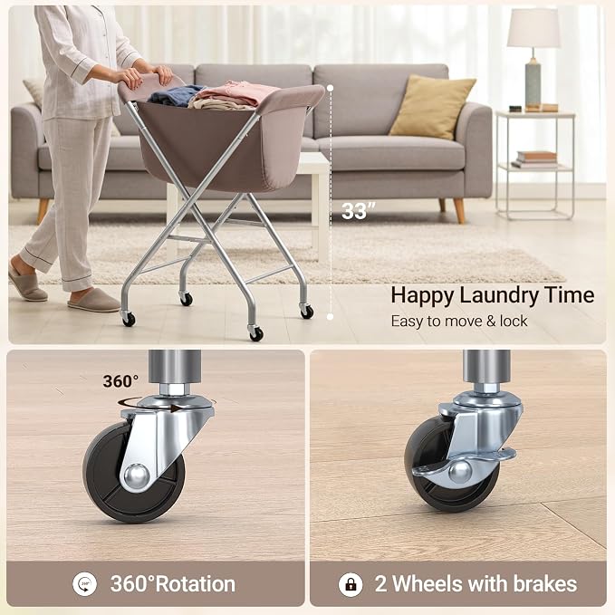 ELYKEN Laundry Basket with Wheels, Collapsible Laundry Hamper, Camel Brown | Removable Liner Bag, Foldable Design, Sturdy Metal Frame, 4 Casters, 32”H Laundry Cart for Bedroom, Bathroom & Laundry Room