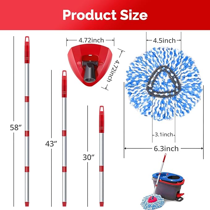O-Cedar Spin Mop Head, Base, Handle Replacement for RinseClean 2 Tank System, 4 Microfiber Mop Refills, 1 Base and 30-58in Handle Set Combo, Blue, for Wood, Tile, Laminate, Marble