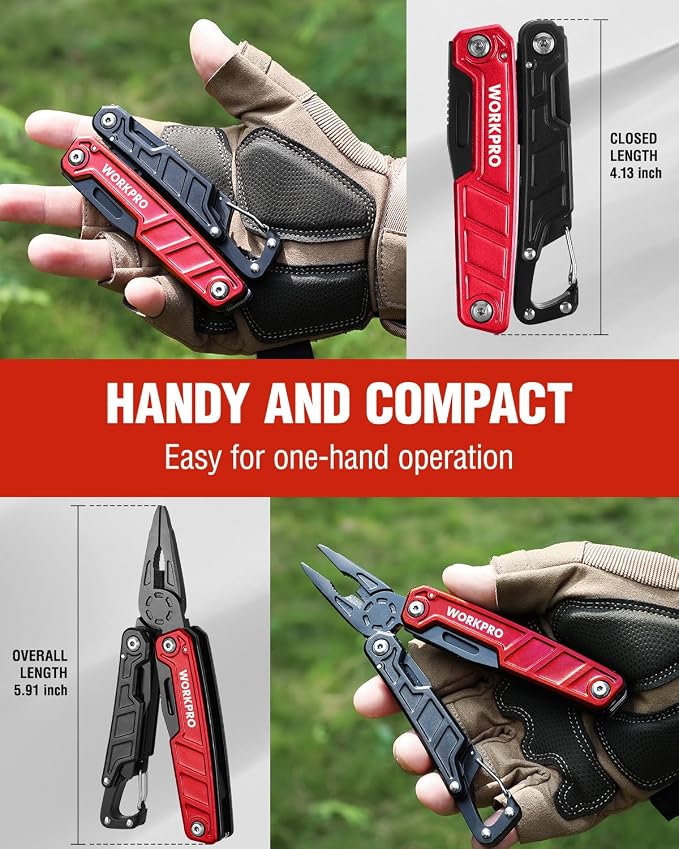 WORKPRO 11 in 1 Multitool Pliers with Pocket Clip and Sheath | EDC Multi Tool Knives with Safety Lock-Pocket Knife with Screwdriver Saw Blade Wire Cutter and Bottle Opener-Red