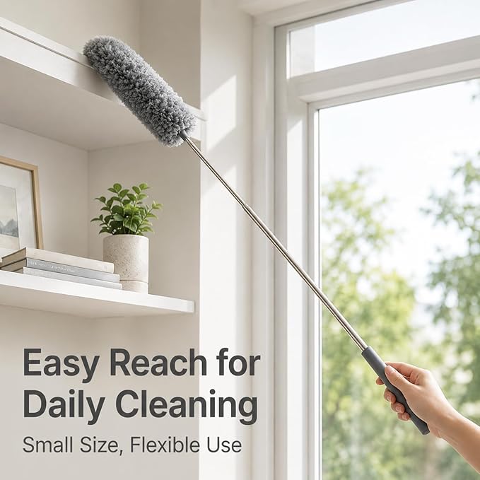 2 Pack Small Microfiber Feather Duster for Cleaning, Hand Washable Dusters with Extendable Pole, Cleaning Tools for Office, Car, Window, Furniture, Ceiling Fan