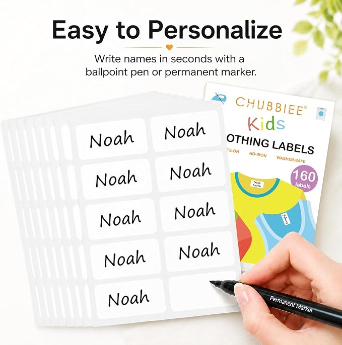 All Purpose No-Iron Kids Clothing Labels, 160-Pack | Self-Stick Write-On Fabric Labels for Camp, School, Daycare, Nursing Care, Toys, Organizing, Washer & Dryer Safe