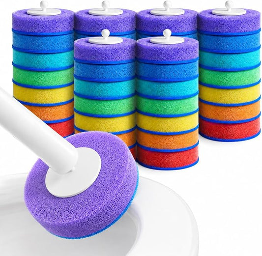 Disposable Toilet Brush and Holder Set - Hands-Free Eject Sponge Toilet Wand with Floor Standing Caddy, Secure-Lock Hangable Toilet Scrubber (42 Refills(Colorful))