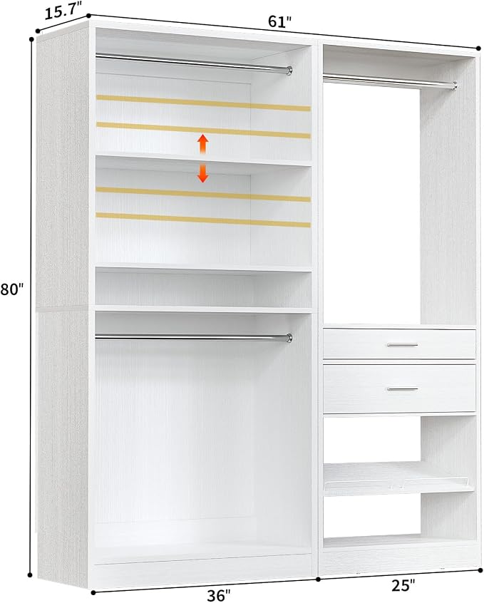 Unikito Closet System Set of 2, 5FT Closet Systems with 2 Wood Drawers, 61" Closet Organizer System with 3 Hanging Rods & 2 Shelves, Heavy Duty 61 Inch Walk-in Closet , White (61" L x 16" W x 80" H)