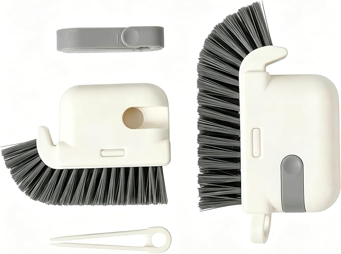 Window Track Cleaning Brush Set 3-in-1Window Sill Cleaner with Scraper Tweezers, Hard Bristle Crevice Tool for Window Groove, Sliding Door Track, Shower Rail - Gray 2 Pack