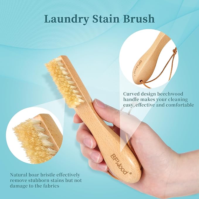 2PCS Laundry Stain Brush - Natural Soft Boar Bristles, Removes Tough Stains from Delicate Fabrics Like Knits, Cotton, and Linens, Gentle on Fabrics, No Damage