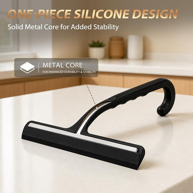 Silicone Shower Squeegee for Shower Glass Doors with Built-in Hook - One-Piece Seamless Bathroom Squeegee, Streak-Free Window Squeegee Cleaner Tool for Mirror, Tile, Countertop, Car Windshield (Black)