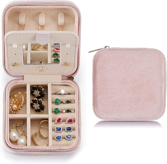 TRODANCE Plush Velvet Travel Jewelry Case Organizer, Small Travel Jewelry Box,Portable Jewelry Box Travel Mini Organizer Portable Display Storage Box For Rings Earrings Necklaces (Pink)