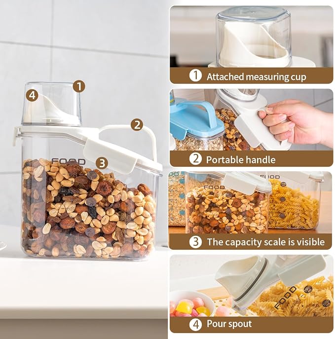 LANGMINGDE 3 Pieces Cereal Containers Storage, 51fl.oz/1.5L Compact Crystal Clear Dry Food Storage Containers with Pouring Spout Measuring Cup for Rice Nuts Beans Pet Food Snacks Candies, 3PCS