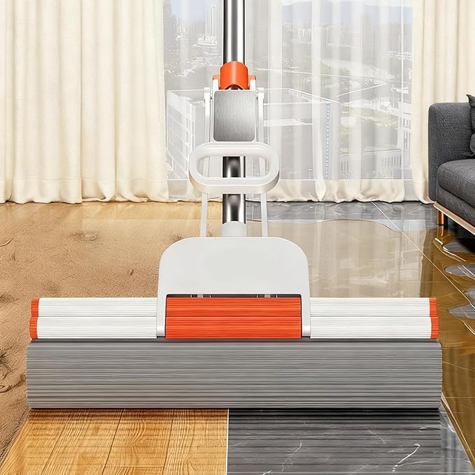 Sponge Mop PVA Squeeze Mop,Mops for Floor Cleaning,Floor Mop One-Click Replacement 12.99-Inch Sponge Head with an Extra Head Suitable for Tiles Floors Bathrooms and Home Use