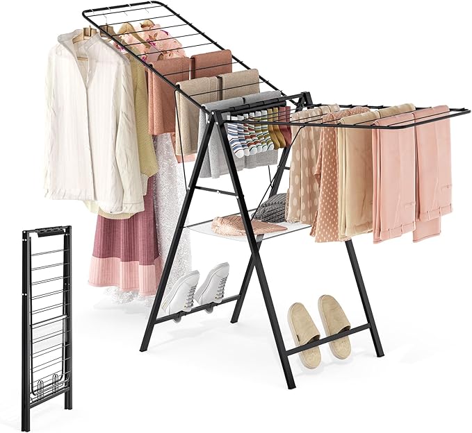 APEXCHASER 6 Height Adjustable Clothes Drying Rack with Shoe Slots, Black | Pre-Assembled, Stable Load Structure, 22 Drying Rails, Foldable Space-Saving For Efficient Indoor & Outdoor Airflow Drying