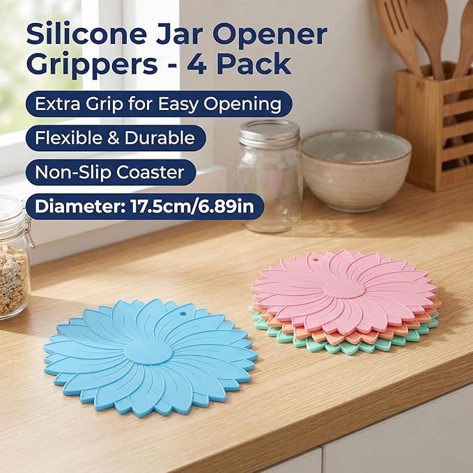 4 Pack Silicone Jar Opener Gripper Pads, Non-Slip Grippers for Opening Jars, Easy-Twist Jar Openers for Weak Hands and Seniors, Dishwasher Safe, Heat Resistant (Candy Colors)