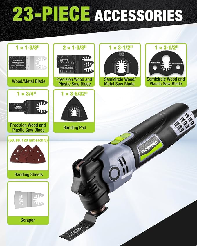 WORKPRO 400W Corded Oscillating Multi-Tool Kit | 6 speeds, 3.5° oscillation angle, LED light, quick blade change, and 23 accessories for DIY and home improvement