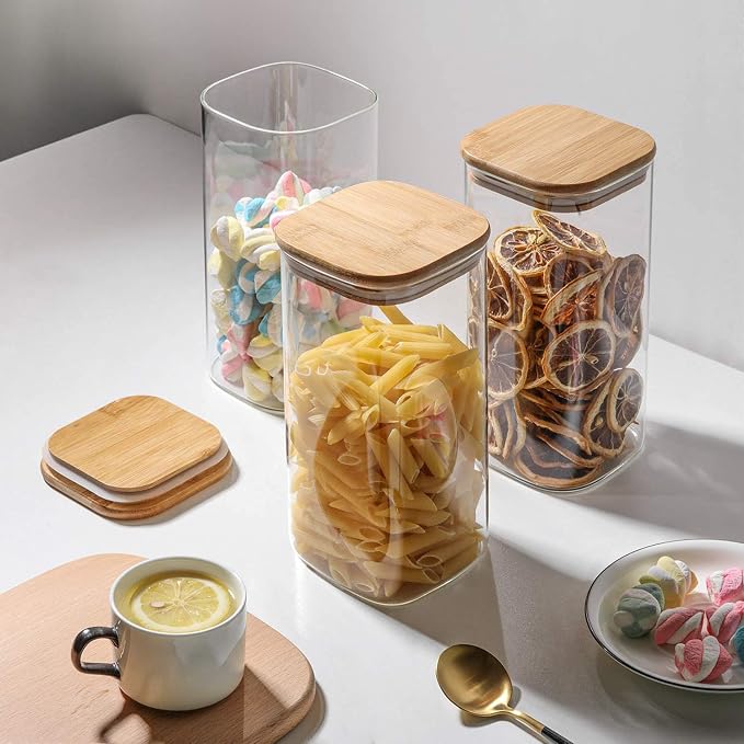 ComSaf 1.6 Qt Square Glass Jars with Bamboo Lids Set of 3, Space-Saving Glass Pantry Storage Containers, Airtight Clear Glass Storage Containers with Wide 3.9" Mouth for Coffee, Sugar, Short Pasta