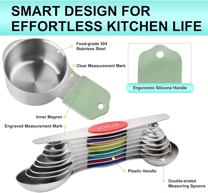 RUNZI 16 Pcs Magnetic Measuring Cups and Spoons Set,Stackable Metal Measure Cup for Measuring Dry and Liquid Ingredients,Kitchen Dry Food, Cooking Baking Measurements,Silvery