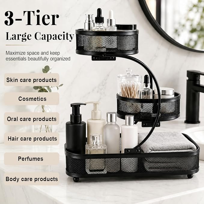 3 Tier Bathroom Counter Organizer-Cologne Organizer | Water-Resistant Open Metal Vanity Organizer, Ultra-Stable Dresser Top Shelf with Strong Load Capacity, Black