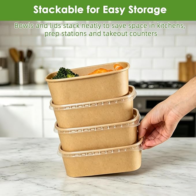 50-Pack 30oz Disposable Meal Prep Containers with Lids and Forks, Compostable Kraft Paper Bowls To Go, Microwave & Freezer Safe Food Containers for Hot Soup, Cold Dessert, Lunch, Takeout