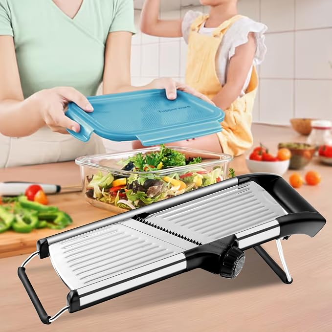 Mandoline Slicer for Kitchen, Adjustable Vegetable Slicer - Stainless Steel | Adjustable stainless steel blade slices potato, onion and tomato evenly; food holder and gloves help make kitchen prep safer.