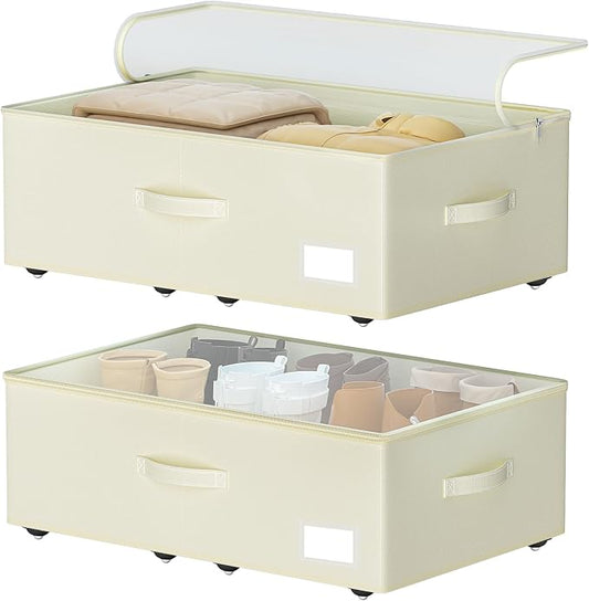 EE-RoomWorld Under Bed Storage with Wheels, No Assemble Required 12 inches height Under Bed Storage bins,Large capacity Rolling Underbed Shoe Storage containers，dorm underbed storage drawers