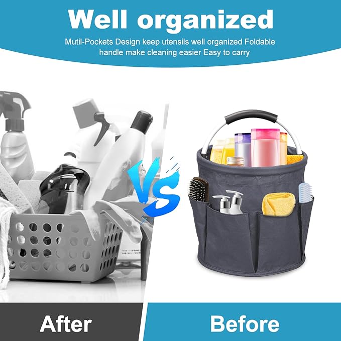 mumisuto Cleaning Caddy with Handle, 17L Collapsible Cleaning Products Organiser Bucket Tool Organizer in 600D Oxford Fabric Portable Multi Cleaning Bucket Bag for Home Garden (Dark Grey)