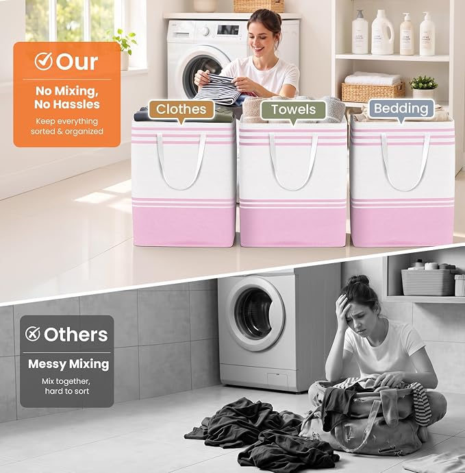 TranquilRelax 3-Pack Laundry Basket, Laundry Hamper, Pink-100L | Freestanding＆Water-Resistant Laundry Hamper, Collapsible Tall Clothes Hamper with Carry Handles for Clothes, Laundry Basket