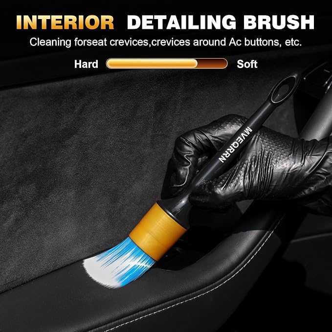 MVEQRRN 7PCS Car Detailing Brush Set,Boars Hair Detail Brush Kit(Gold) | Ultra Soft No Scratch, Car Dust Brush,Car Detailing Brushes Kit, Detail Brushes Car Detailing for Interior Exterior