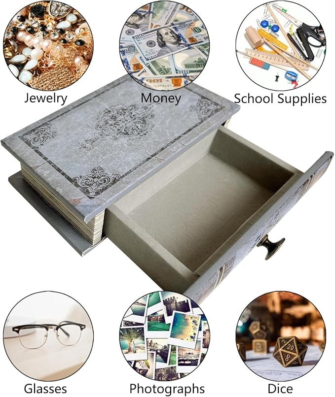 Vintage Book Storage Box with Drawer, Distressed Gray Faux Leather Cover with Ornate Baroque Design, Hidden Organizer for Jewelry or Office Bookshelf Decor 7″ x 5″ x 1.6″