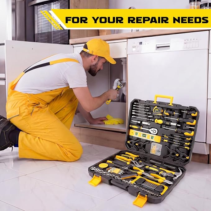 155PCS Household Tool Set with Toolbox Ratcheting Screwdriver Sockets | Includes pliers, hammer, level, tape measure | Portable home repair kit | For garage, car, DIY projects