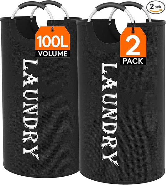 Lifewit 100L 2-Pack Large Laundry Basket, Collapsible Laundry Hamper with Aluminum Handles, Waterproof Freestanding Dirty Clothes Hampers for Laundry Room Bedroom Dorm Bathroom, Black