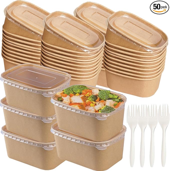 50 Pack Disposable Kraft Paper Bowls with Lids, 33 OZ Meal Prep Container, Microwave Freezer Safe Salad Bowls with Forks for Hot/Cold Food, Soup, Ice Cream, Takeout, Party Supplies