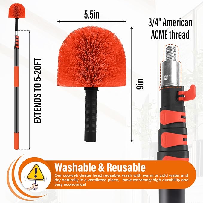 26 FT Cobweb Duster with Extension Pole,Spider Web Brush | Spiderweb Cleaner with Pole Extend 5-20FT,4-Stage Telescopic Aluminum Pole,Spider Brush Cobweb for Outdoor & Indoor