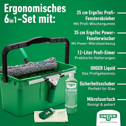 Unger AK015 Window Cleaning Kit PRO Set - Power Washer Sleeve, ErgoTec Squeegee, Bucket 18L, Liquid Glass Cleaner 1L, Safety Glass Scraper, Microfibre Cloth - Professional Window Cleaner, Green