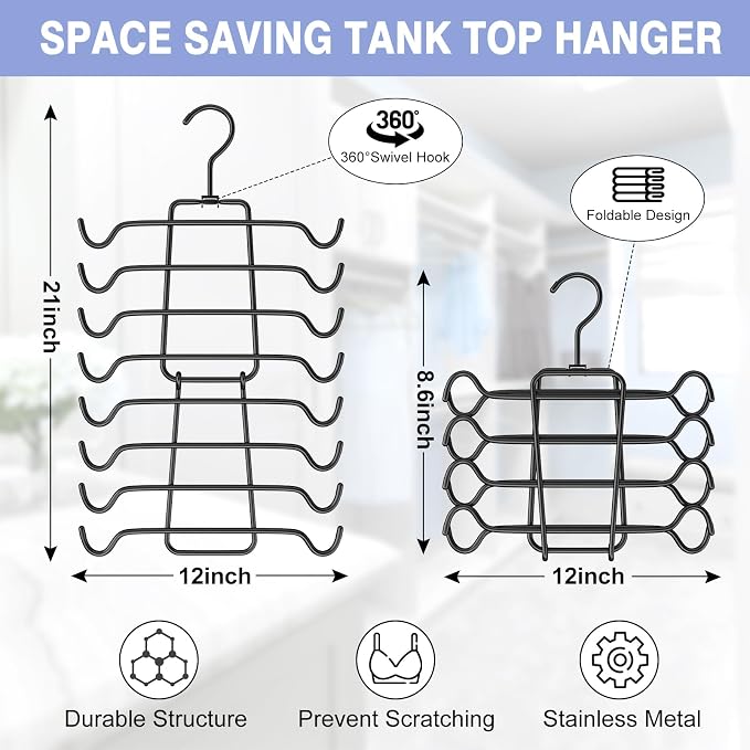 3Pcs Tank Top Hangers Space Saving Hanger Organizer Bra Hangers Black | 360° Rotating Metal Closet Organizers and Storage Lingerie Hangers for Tank Tops Cami Bras Belts Swimsuits Lingeries
