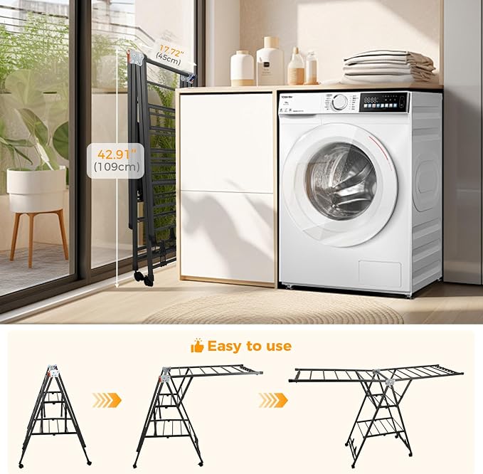 Clothes Rack, 3-Tier Drying Hanger, for 30 Pieces+, Foldable and Space Saving, Portable, Indoor or Outdoor Use, Solid Metal Clotheshorse, Nice for Mum, Gray(1.7 m Wing Length)