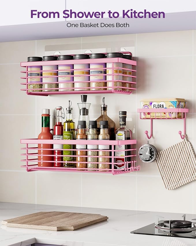 Shower Caddy Adhesive 3 Pack Stainless Steel Storage Organizers-Pink | No drilling wall mounted，rust-resistant,large capacity,quick drainage,easy to clean,suitable for bathrooms and kitchens